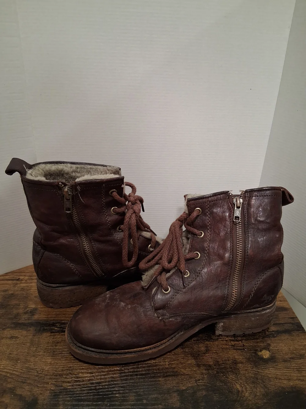 Frye Women's Brown Leather Lace-Up Fur Lined Side Zip Winter Boots
